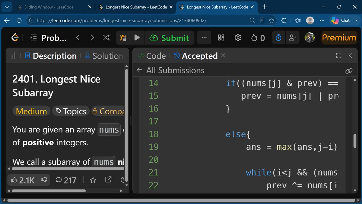 Nik_Coding10's tweet photo. LC:2401 Longest Nice Subarray 
 First time I cracked a problem fully with bitwise logic, no hints, just my own thought process.
 Felt good to derive it myself. That moment when tough logic finally clicks is priceless 
#LeetCode #DSA #Bitwise #Coding #KeepGrinding #GrowthMindset https://t.co/3H5BSegm6g