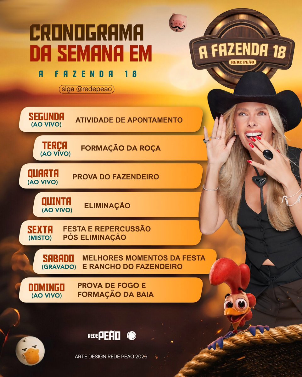 redepeao's tweet photo. SE LIGA! Confira o cronograma semanal das dinâmicas em A Fazenda 18. 

#AFazenda #AFazenda18 https://t.co/gldQNccYHt