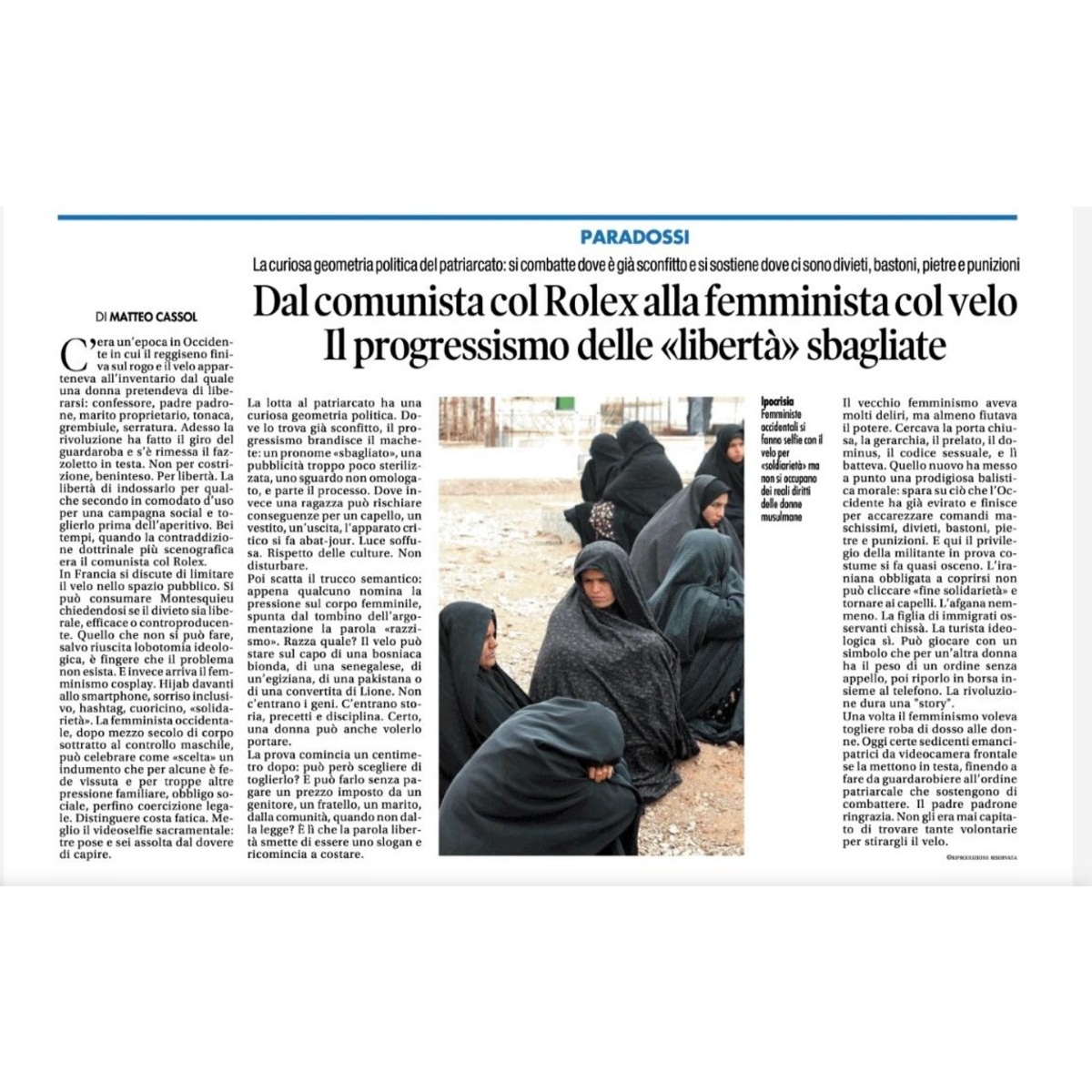MatteoCassol's tweet photo. Una volta il femminismo voleva togliere roba di dosso alle donne. Oggi certe sedicenti emancipatrici da videoselfie se la mettono in testa, finendo a fare da guardarobiere all’ordine patriarcale che sostengono di combattere. Il padre padrone ringrazia.
Sul @tempoweb di @Capezzone https://t.co/l5A6jwBxHF