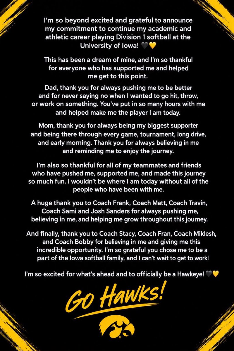 ColbieLeQuesne's tweet photo. COMMITED!! GO HAWKS! 🖤💛
@iowasoftball 
@StacyMayJohnson 
@FranStrub 
@allymiklesh 
@Hey_Coach_Bobby 
@CoachFrankieG13 
@VGGagliardi2728 https://t.co/VPFeVjH4nt