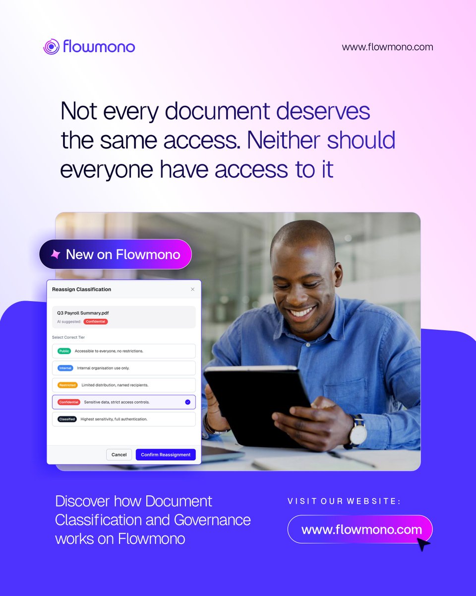 Flowmonoinc's tweet photo. Today is a good day to see how Document Classification &amp; Governance works on Flowmono.

Don't wait till a sensitive file lands in the wrong inbox.

Try it today → https://t.co/Hg7PRExY1N https://t.co/sGQrP3anPX