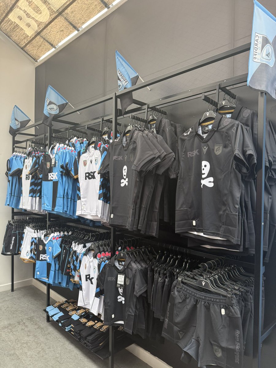 Cardiff_Rugby's tweet photo. ☠️ We’re experiencing unprecedented demand for our stunning third jersey. 

Plenty still available in store on Westgate Street, which these lucky two can attest. 

Online will be restocked asap. https://t.co/PgVky3fRnX