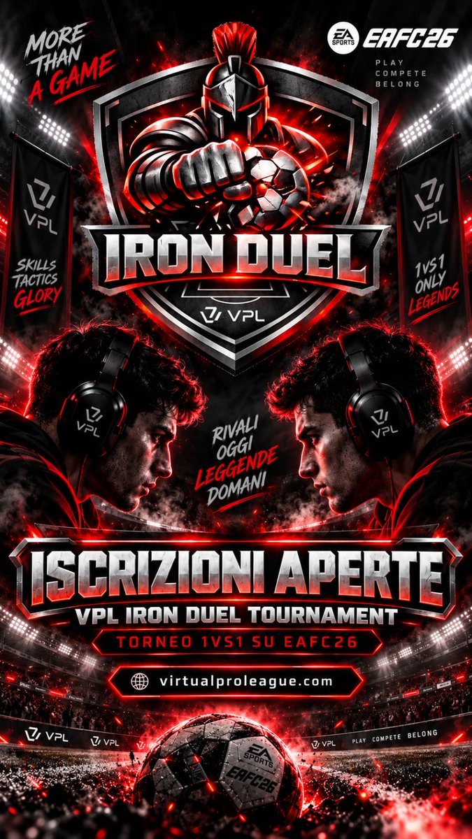 VPLItaly's tweet photo. 🔥 SEI DAVVERO IL PIÙ FORTE? DIMOSTRALO. 🔥

🎮 Arriva il TORNEO 1vs1 FC 26!
Un nuovo format competitivo pensato per mettere alla prova i migliori player… un vero e proprio CAMPIONATO. 🏆

⚔️ Sfida i player più forti
💰 Solo 5€ per partecipare
👥 Nessun limite di rosa
🏆 MONTEPREMIO al VINCITORE
📊 Struttura da decidere in base al numero di partecipanti iscritti

🔥 PIÙ SIAMO, PIÙ GRANDE SARÀ LA COMPETIZIONE.
💸 PIÙ GRANDE SARÀ IL MONTEPREMI.

Questa è la tua occasione per entrare subito nella competizione e dimostrare il tuo valore. 💪🎮

Modalità 🎮FUT🎮

📢 ISCRIZIONI APERTE FINO A VENERDÌ 11 SETTEMBRE 2026 ALLE 23:59
🟣 Le iscrizioni saranno tramite il canale Discord VPL.

🔗 SEASON PASS:
https://t.co/57ACceLdJg

💰 5€ per partecipare. Una chance per vincere tutto. 🏆🔥

#FC26 #EAFC26 #FC26Italia #Esports #Gaming #VPL
