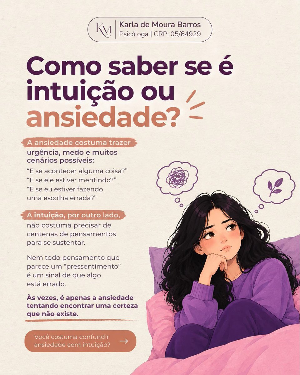 Karlamoura2's tweet photo. 🧠 “Isso é ansiedade ou intuição?”
“Como saber se é intuição ou ansiedade?” https://t.co/zryIur0zNz