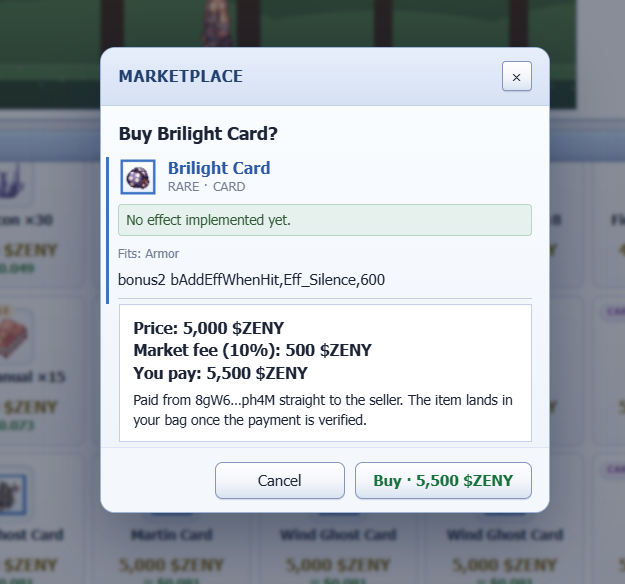 Greceein96's tweet photo. Thinking about buying a Brillight Card for 5,500 ZENY, but it literally says “No effect implemented yet.” 😂 Paying 5,500 ZENY for an effect that doesn’t even work yet… worth it, or am I just funding the future? 👀 @IdleROGame https://t.co/yEVAouo7A3