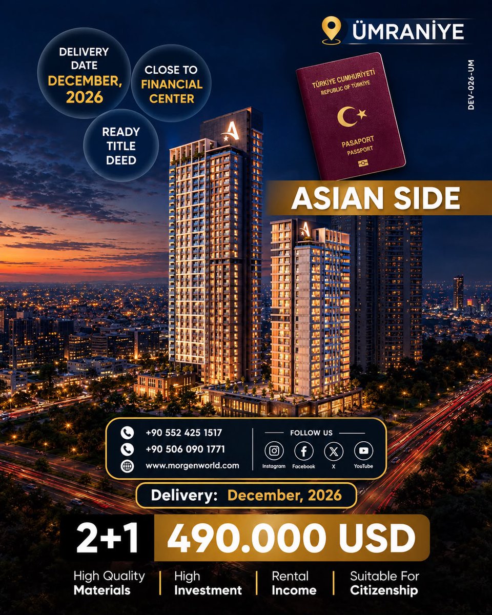 MorgenWorld's tweet photo. Invest in Istanbul’s Asian Side with a premium 2+1 residence, ready for delivery in December 2026. A smart opportunity for investment, rental income, and Turkish citizenship. 🇹🇷

📩 Contact MORGEN World:
🌐 https://t.co/p22i72WwyE
📞 +90 552 425 1517 
 +90 506 090 1771 https://t.co/zGaWR0X8rp