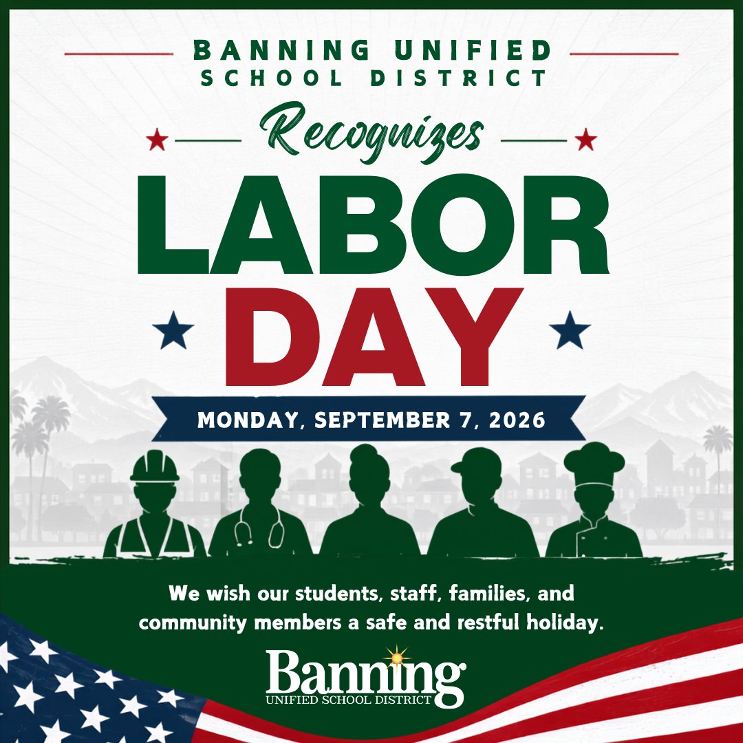 BanningUSD's tweet photo. Today, Banning Unified School District recognizes Labor Day. We wish our students, staff, families, and community members a safe and restful holiday as we recognize the contributions and dedication of workers throughout our communities.
#LaborDay #BanningUSD https://t.co/c7N6YlS1VO