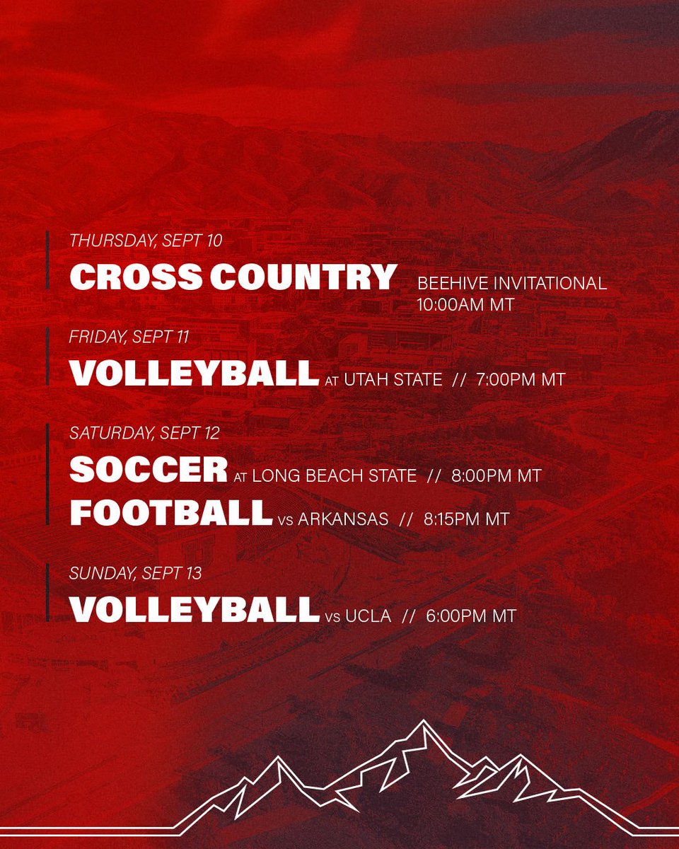 utahathletics's tweet photo. 🔴 𝙏𝙝𝙞𝙨 𝙒𝙚𝙚𝙠 𝙞𝙣 𝙐𝙩𝙖𝙝 𝘼𝙩𝙝𝙡𝙚𝙩𝙞𝙘𝙨 🔴

🏃‍♂️🏐⚽️🏈

#GoUtes https://t.co/l79jfl0D5P