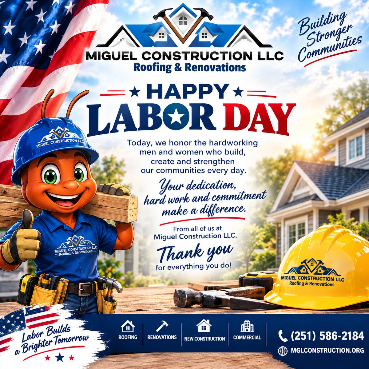 constructionmgl's tweet photo. 🇺🇸 Happy Labor Day! 🇺🇸

Today we celebrate the hardworking men and women who build, create, and make a difference every day.

Thank you for your hard work and dedication! 🛠️💪

— Miguel Construction LLC https://t.co/vboPDi3NVc
