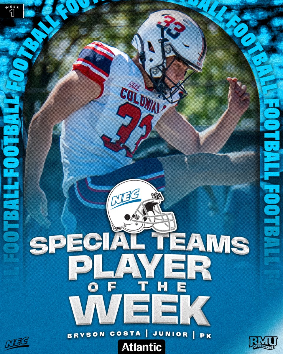 Robert Morris junior kicker Bryson Costa is the NEC/Atlantic Tomorrow's Office Special Teams Player of the Week (Week One)