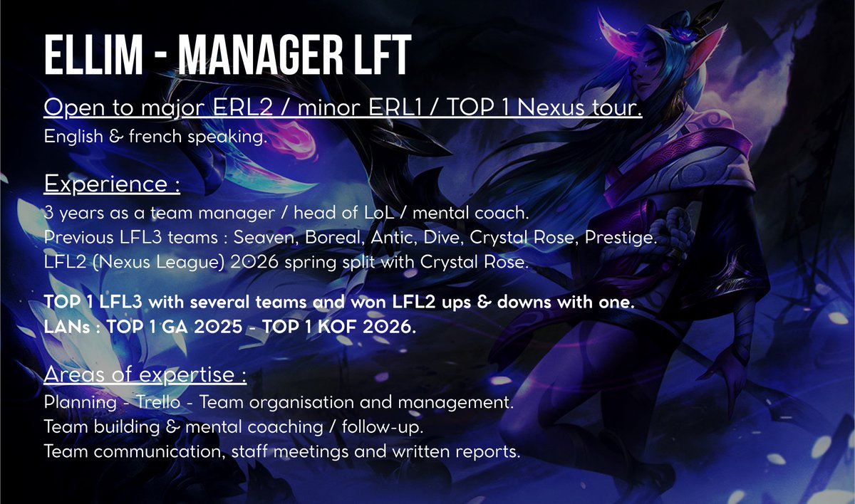 ellimiki's tweet photo. 🔁 RT / 🤍 Likes appreciated.

LFT LoL Manager

After a break during this summer split, I'm looking for any ERL1/2 or top 1 NT team to work with.

Looking for a serious, long term project - and open to assistant manager / mental coach position too.

1/2 https://t.co/sONDwSa1Y0