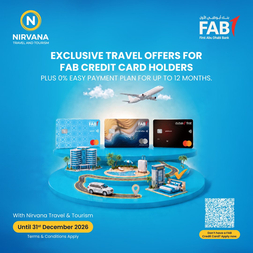 NTravelAE's tweet photo. Turn your next trip into more with exclusive travel offers for @Fabconnects Credit Card holders, including up to 10% off and 0% Easy Payment Plans for up to 12 months with Nirvana Travel &amp; Tourism.

Up to 10% off flights
Up to 10% off hotel stays https://t.co/ZGb7UUx7Ee