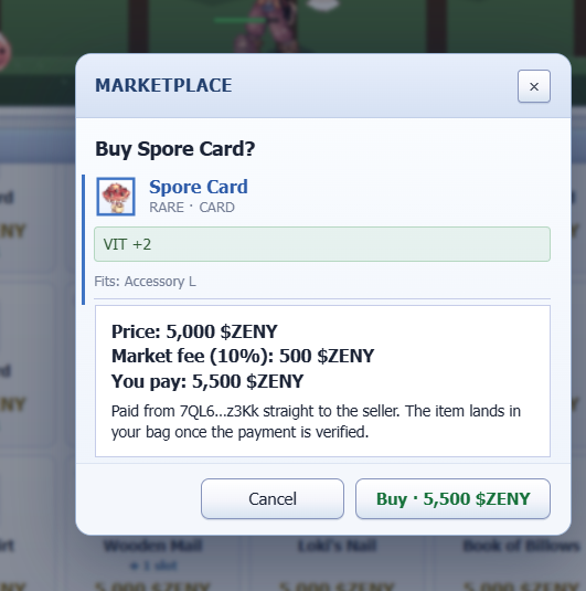 PaulNasssa's tweet photo. Bro really said “Spore Card?” and hit me with a 5,500 ZENY bill 😭💀 5K for the card + 10% marketplace fee. VIT +2 better have me farming like a maniac, ain’t no way 😭🗿 @IdleROGame https://t.co/vLOeg1PFGt