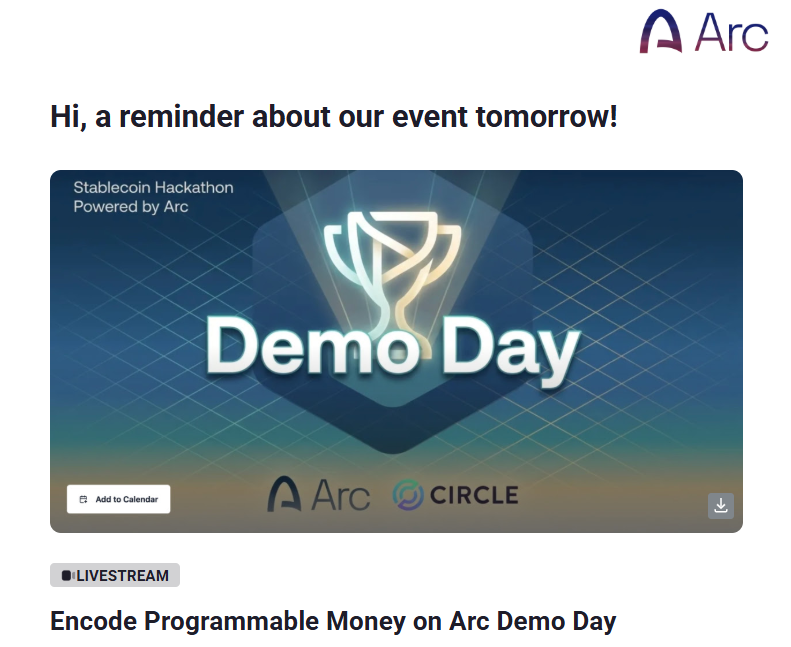 varl999's tweet photo. got my mail reminder for encode programmable money demo day tomorrow

hackathon winners showcasing their projects before joining the accelerator

sept 8, 4:00 pm gmt+1

register for the event on @arc house if you haven't yet: https://t.co/AmraXug57A https://t.co/rvxaRfUnsz