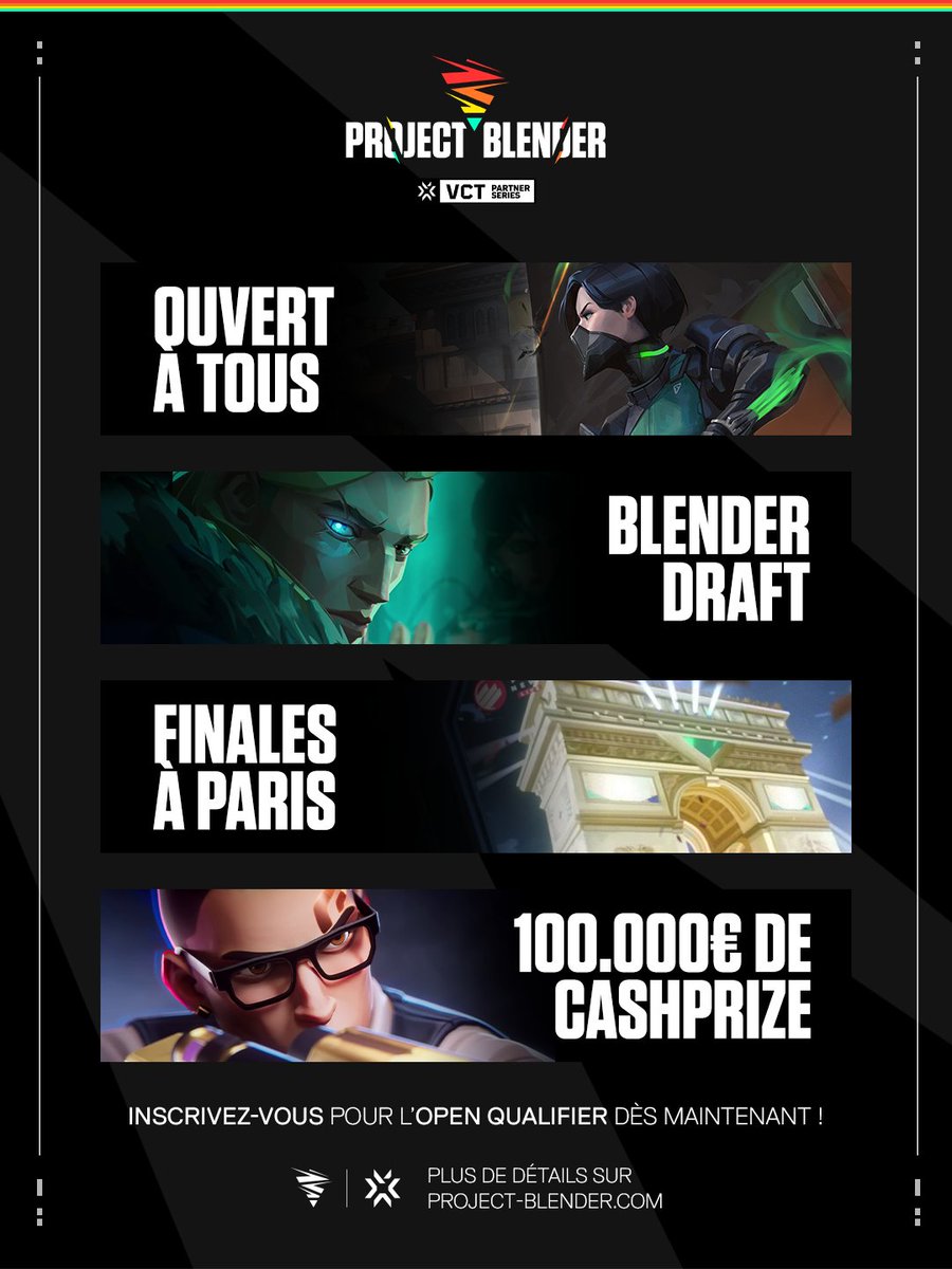 VALORANTfr's tweet photo. Project Blender revient cette année :

👤 Ouvert à tous : Toutes les divisions, toutes les équipes, tous les joueurs !
📈 Picks &amp; Bans avec le système Blender Draft
🏛️ Finales en LAN à Paris 🇫🇷
💶 100 000 € de cashprice

Inscrivez-vous dès maintenant pour l'Open Qualifier 👊 https://t.co/OUakMldsE5