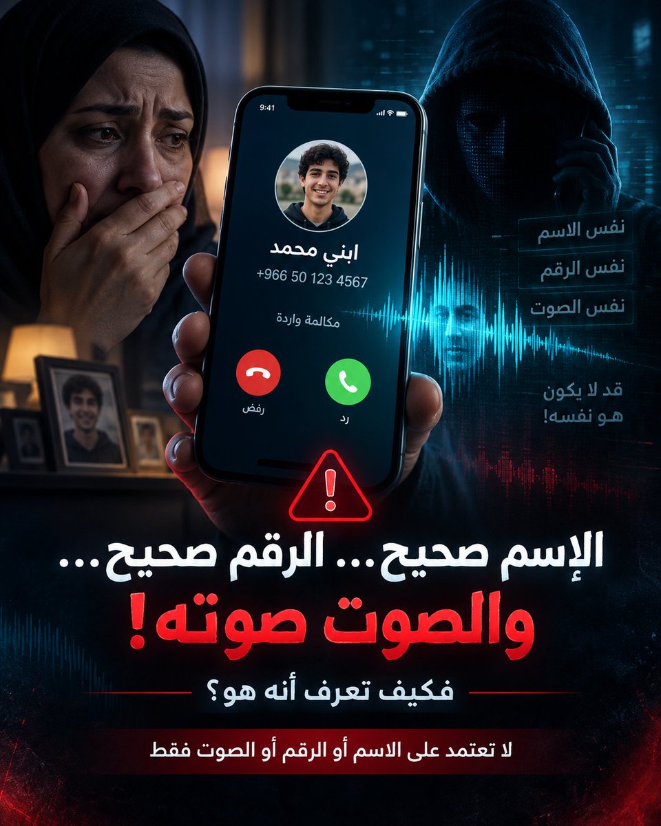 altamimi0_0's tweet photo. 🚨 الاسم صحيح… الرقم يبدو صحيحًا… والصوت صوته! لكن هل هو فعلًا ابنك أو قريبك؟

اليوم لم يعد الاحتيال مجرد رسالة مزيفة. قد تتلقى اتصالًا يبدو حقيقيًا جدًا: اسم شخص تعرفه يظهر على الشاشة، والرقم يبدو مألوفًا، والصوت مقنع، ثم تبدأ القصة:

"أنا في مشكلة… لا تتصل بأحد… حول المبلغ بسرعة."

وهنا يأتي الجانب التقني 👇

📱 يمكن تزوير الرقم الظاهر على شاشة هاتفك بتقنية تسمى Caller ID Spoofing.

🎙️ ويمكن تقليد صوت شخص تعرفه باستخدام AI Voice Cloning أو استنساخ الصوت بالذكاء الاصطناعي.

🌐 وقد يجمع المحتال معلومات عن الأسرة من OSINT – Open Source Intelligence، أي المعلومات المتاحة للعامة في مواقع التواصل والإنترنت، ليجعل السيناريو أكثر إقناعًا.

لذلك لا تعتمد على الاسم أو الرقم أو الصوت وحدها.

إذا جاءك اتصال طارئ يطلب مالًا أو سرية أو تصرفًا فوريًا:

✅ أغلق المكالمة
✅ اتصل أنت بالشخص من الرقم المحفوظ لديك
✅ تواصل مع أحد أفراد الأسرة القريبين منه
✅ اتفقوا داخل الأسرة على كلمة سر للطوارئ
✅ لا تحول أي مبلغ تحت الضغط
القاعدة الذهبية:
إذا كان الأمر عاجلًا لدرجة أنه يمنعك من التحقق… فهنا يبدأ الشك.
#الأمن_السيبراني #الاحتيال_الإلكتروني #الذكاء_الاصطناعي #الأمن_الرقمي