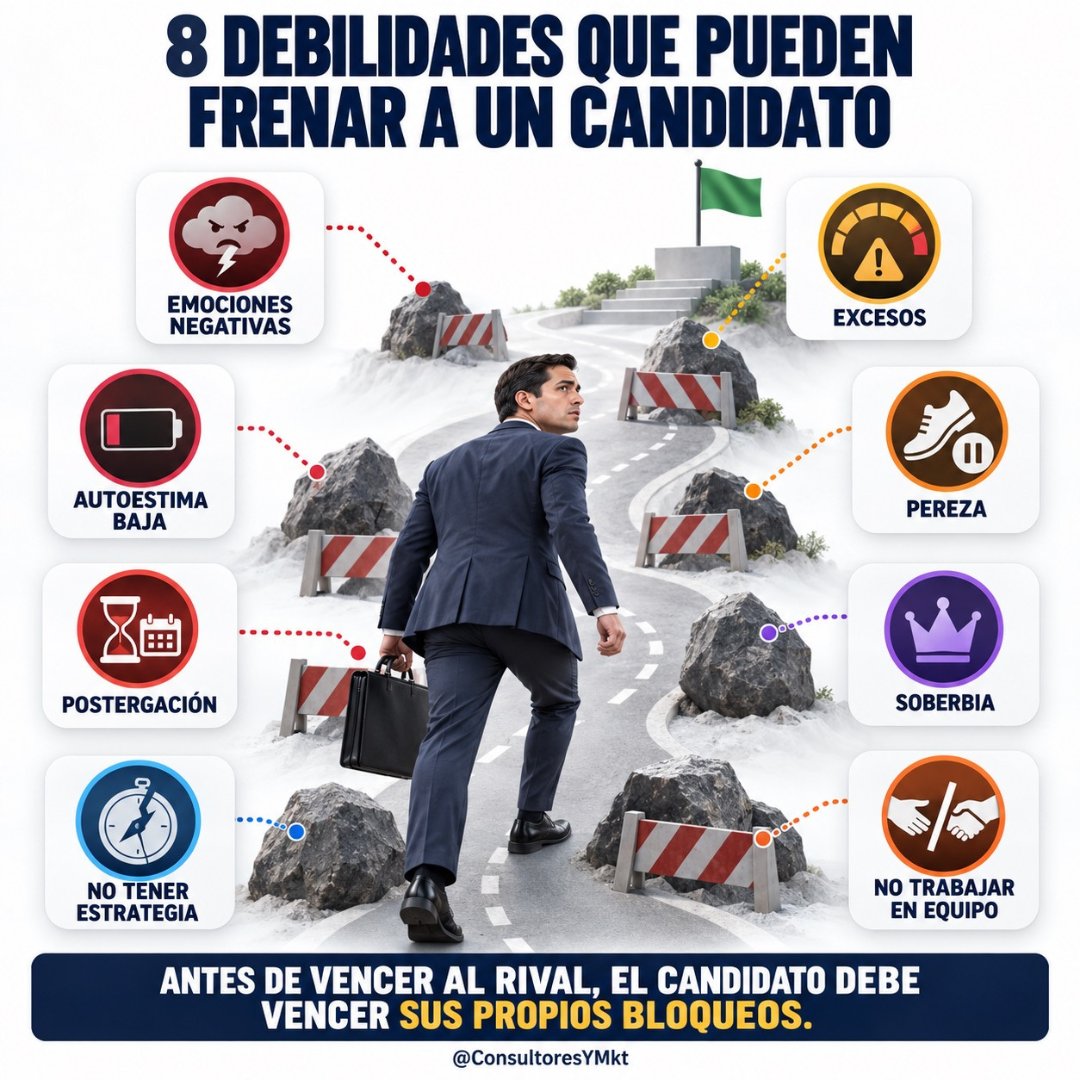 ConsultoresyMkt's tweet photo. Antes de vencer al rival, el candidato debe vencer sus propios bloqueos. 🧠🗳️
Emociones negativas, soberbia, pereza o falta de estrategia pueden frenar más que cualquier adversario.
🎯⚠️La verdadera campaña empieza con disciplina interna.
#ComPol https://t.co/rx0R1BAX2h