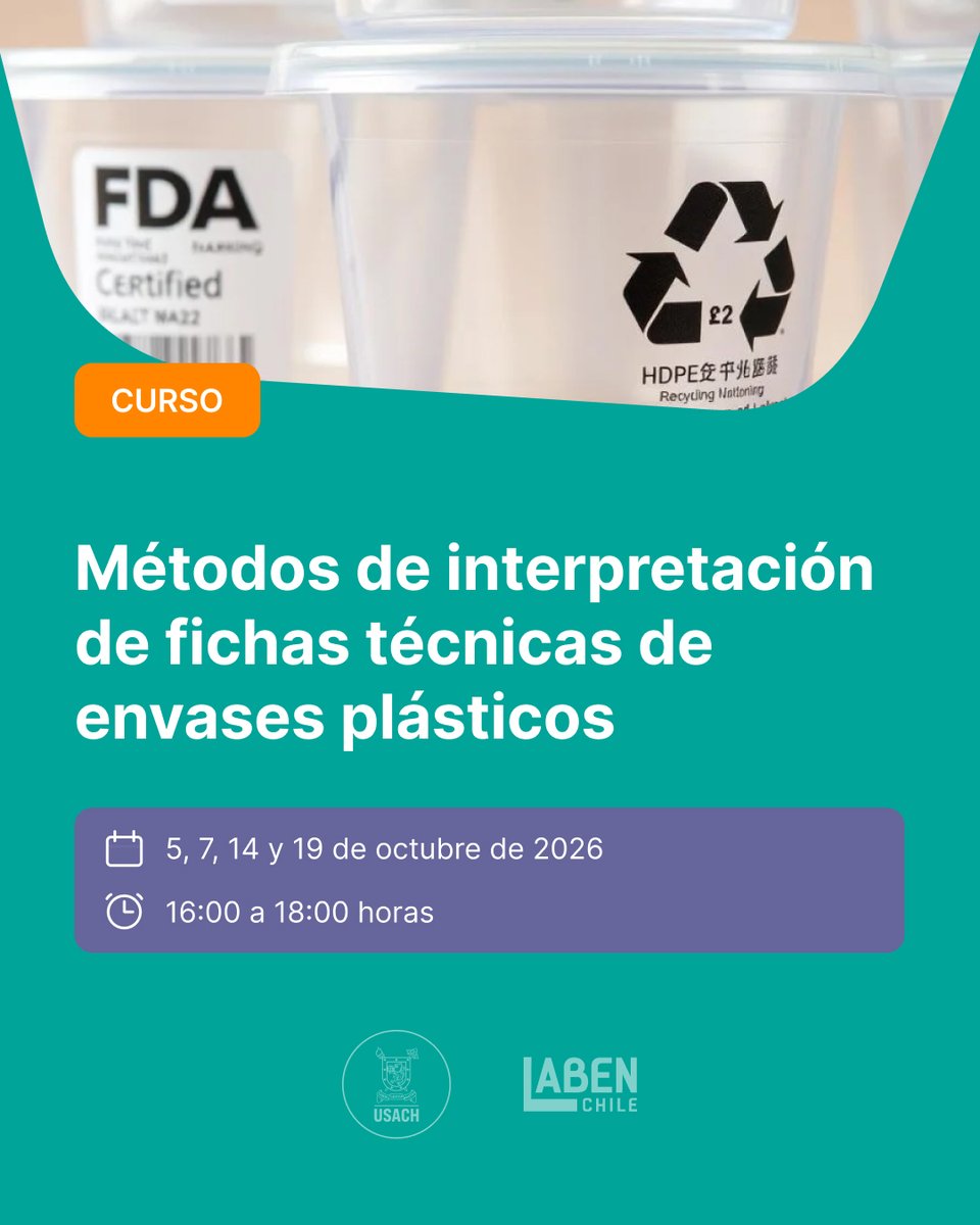 LABENCHILE's tweet photo. 📋 ¿Tu envase cumple con los requerimientos técnicos para proteger tus alimentos? @LABENCHILE dicta un curso sobre interpretación de fichas técnicas de envases plásticos para alimentos

📅 Octubre 2026 | 💻 E-learning | SENCE 1238080202
📩 matias.inostroza.ma@usach.cl
#LabenChile https://t.co/93BOw89wR7