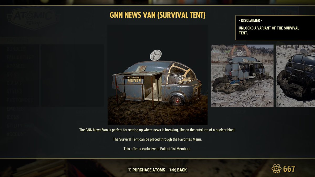 WastelanDweller's tweet photo. #Fallout76 Fallout 1st August Free Item - GNN News Van Skin for the Survival Tent (Available until September 15). The Survival Tent is available as long as a FO1st subscription is active. It looks like they extended the time limit from September 8 to September 15. https://t.co/IYAvcxAz9R