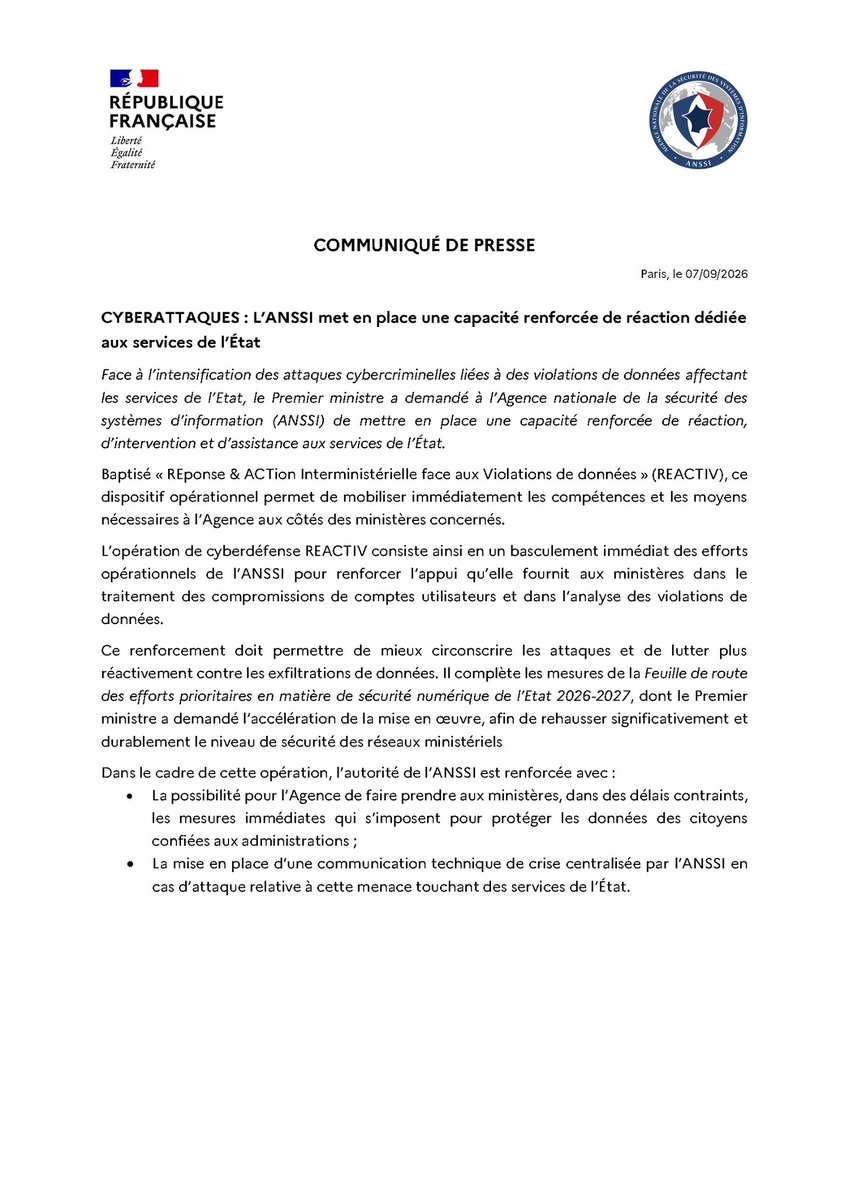 _SaxX_'s tweet photo. 🚨🔴 CYBERATTAQUES EN FRANCE - REACTIV, LE PLAN DU GOUVERNEMENT DÉVOILÉ 

Pour lutter contre l'intensification, à la demande du Premier ministre Sébastien Lecornu, l'ANSSI met en place le dispositif REACTIV ! 

REponse & ACTion Interministérielle face aux Violations de données. 

L'ANSSI parle d'un basculement immédiat des efforts opérationnels de l'agence. 

Espérons que ce soit le début de la fin de cette hécatombe numérique. 

NOTA: Il y a un an, tout semblait aller. Il ne fallait pas dramatiser et faire tout un foin sur les fuites de données !