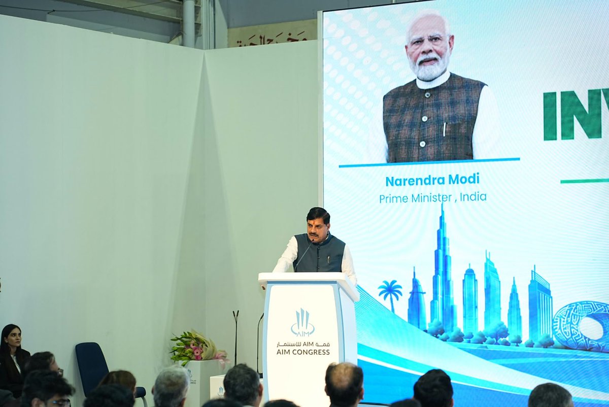 cgidubai's tweet photo. Hon’ble Chief Minister of Madhya Pradesh Dr. Mohan Yadav @DrMohanYadav51 addressed the session on ‘Investment Destination: Madhya Pradesh’ at #AIMCongress 2026 in Dubai today.
He also inaugurated the Madhya Pradesh Pavilion, presenting the State’s immense investment opportunities, industrial strengths and growth potential to global investors.
The engagements reaffirm Madhya Pradesh’s commitment to building stronger global partnerships and unlocking new avenues for investment, trade and sustainable growth.