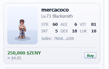 Soimahnalanh's tweet photo. 🚨 IS THIS A STEAL?! 🚨

A Lv.73 Blacksmith with 81 VIT, 60 STR &amp; 18 DEX is going for just 250,000 ZENY (~$4.05)! 🔥

Would you grab Mercacoco before someone else does? 👀 @IdleROGame https://t.co/w4sSj17icL