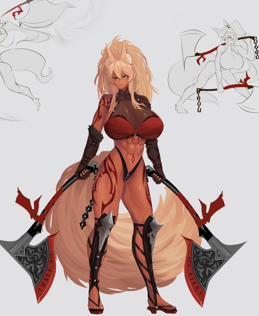 Tamtam_The_Fox's tweet photo. I don’t know if anyone that follows me care but I wanna share some thoughts. 

After playing Melon22 indie game I honestly really enjoyed playing it even after the first update improving it a bit more. Playing it this morning before work just having a silly time with the characters. 

Got me to still enjoy their style and work for large strong warrior women like the characters in their game and other characters they worked on like Barghest from Fate. It’s thanks to Melon22 that I was inspired to making my Original character Kaia. A big strong fox girl warrior. 

Biggest goal for Kaia is that I can get Melon22 to draw her one day in their style. I’m always waiting for that day when they finally opens skeb requests cause I would not hesitate to jump in! I doubt Melon22 would read this but if they do, just want to say: Thank you for making such great character designs to inspire me to make my character who she is.