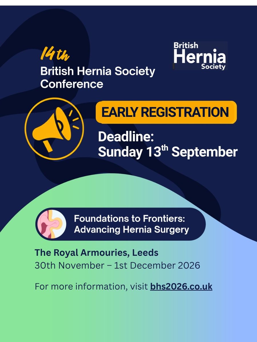 BritishHernia's tweet photo. In complex cases knowing what adjunct to use and when to refer can make all the difference.
Join us to discuss navigating surgical decision-making, explore the role of adjuncts, recognise when specialist input is needed &amp; gain practical insights on the best outcomes for patients. https://t.co/cQ1V4JBoff