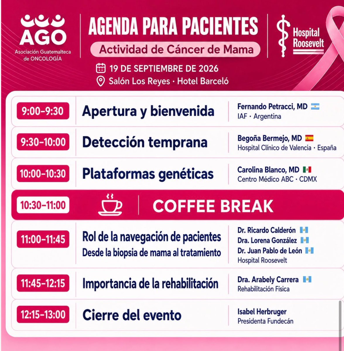 HRooseveltGT's tweet photo. El Hospital Roosevelt y la Asociación Guatemalteca de Oncología invitan a médicos y pacientes a participar en este espacio de actualización, educación y concientización sobre el cáncer de mama.

📅 18 de septiembre: médicos
🎀 19 de septiembre: pacientes 
🎟️ Entrada gratuita https://t.co/Awns9DrwgL