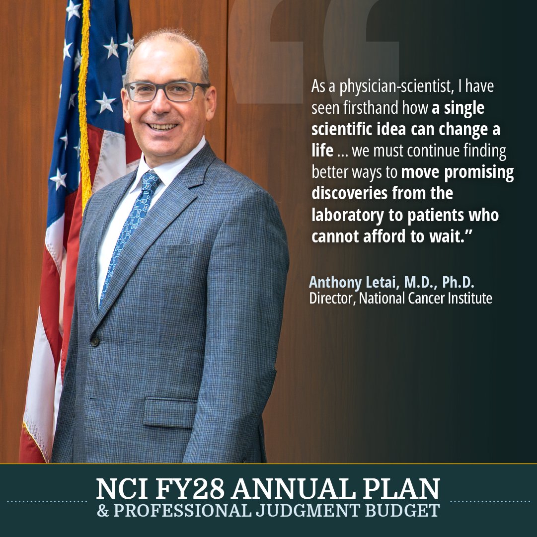 NCIDirector's tweet photo. In my Director's Message in @theNCI's FY28 Annual Plan, I lay out a patient-centered vision for the future of cancer research—a vision built on harnessing AI, speeding up trials, and supporting innovative research.  https://t.co/73KZzKVz5H https://t.co/WziQt1CJYa