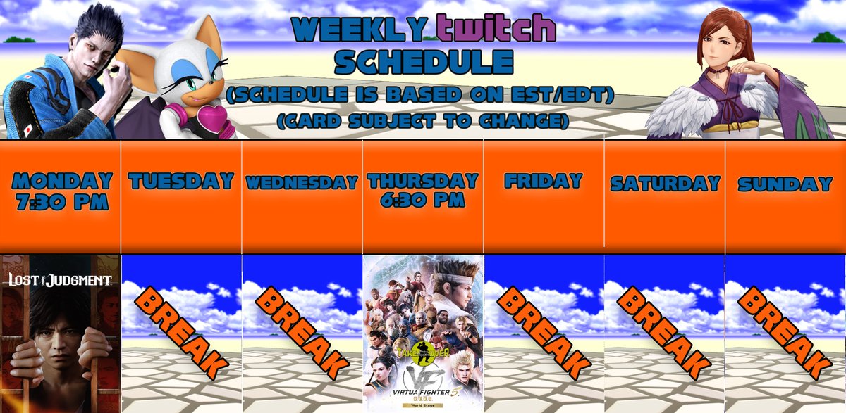 VirtuaKazama's tweet photo. Here's the schedule for this week! It's going to be a light one because I'm going to focus on finishing up a video this week. https://t.co/cu8bbZHjhH