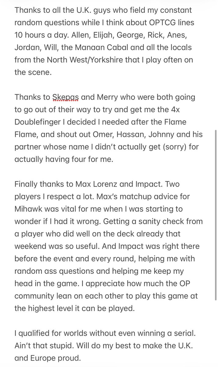 ZiiaaaacOPTCG's tweet photo. Back in the U.K. and wanted to write down some thoughts and some thanks. It truly is insane that I’ve qualified for worlds, and I genuinely don’t believe that happens without all the people who helped me prepare for this tournament and helped me during the tournament. https://t.co/88I1QqO591