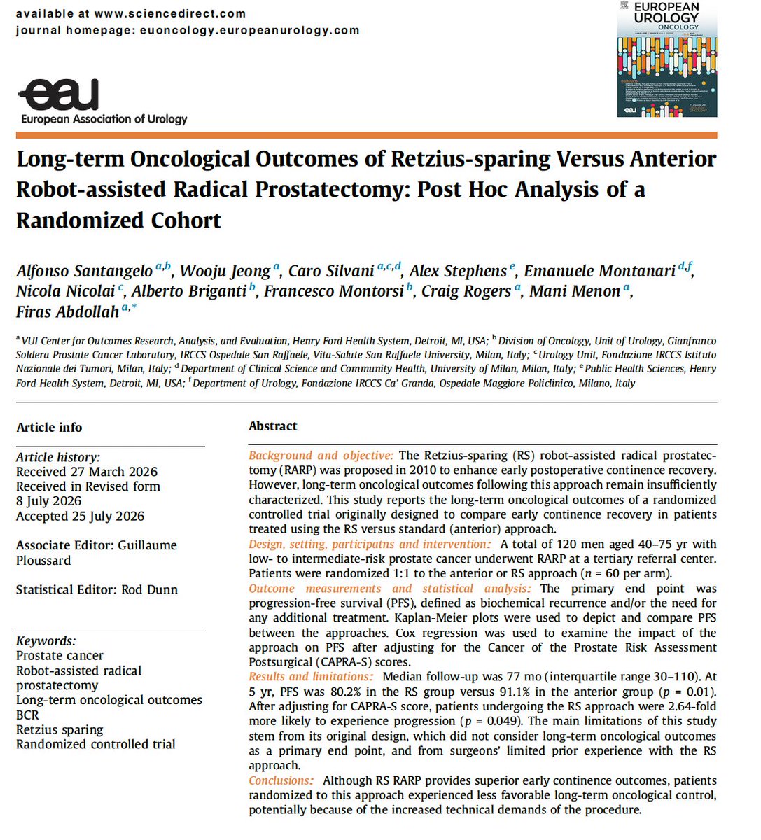 Adam_Weiner535's tweet photo. 🚨 Retzius-sparing RARP: better early continence, worse long-term cancer control in the first randomized trial 10-yr readout 🚨

@EurUrolOncol, post hoc analysis of an RCT

👥 120 men, NCCN low/intermediate risk PCa, randomized 1:1 RS vs anterior RARP
⏱️ Median f/u 77 mo, 20 progression events (BCR and/or any additional tx)

✅ 5-yr PFS: 80.2% RS vs 91.1% anterior (p=0.01)
✅ 10-yr PFS: 50.5% vs 82.0%
✅ Adjusted for CAPRA-S: HR 2.64 for progression w/ RS (95% CI 1.01 to 6.91)

⚠️ Signal held in negative-margin pts only: 5-yr 81.1% vs 96.1% (p=0.042), so not just a margin story
⚠️ RS arm had more pT3 (45% vs 23%) and numerically more PSMs (25% vs 13%)
⚠️ Small trial, oncology not the original endpoint, only 9 pts at risk at 10 yr, and the 2 surgeons had done just 60 RS cases total. Expert series suggest ~100 to flatten the learning curve

🎯 First randomized long-term evidence that the oncologic equivalence of RS RARP cannot be assumed. 

👉Not a final verdict on RS in high-volume hands

🔗 https://t.co/SCHgWNmK7V

@AmerUrological @UroOnc @SUO_YUO @PCF_Science @PCFnews @UrologyTimes @urotoday