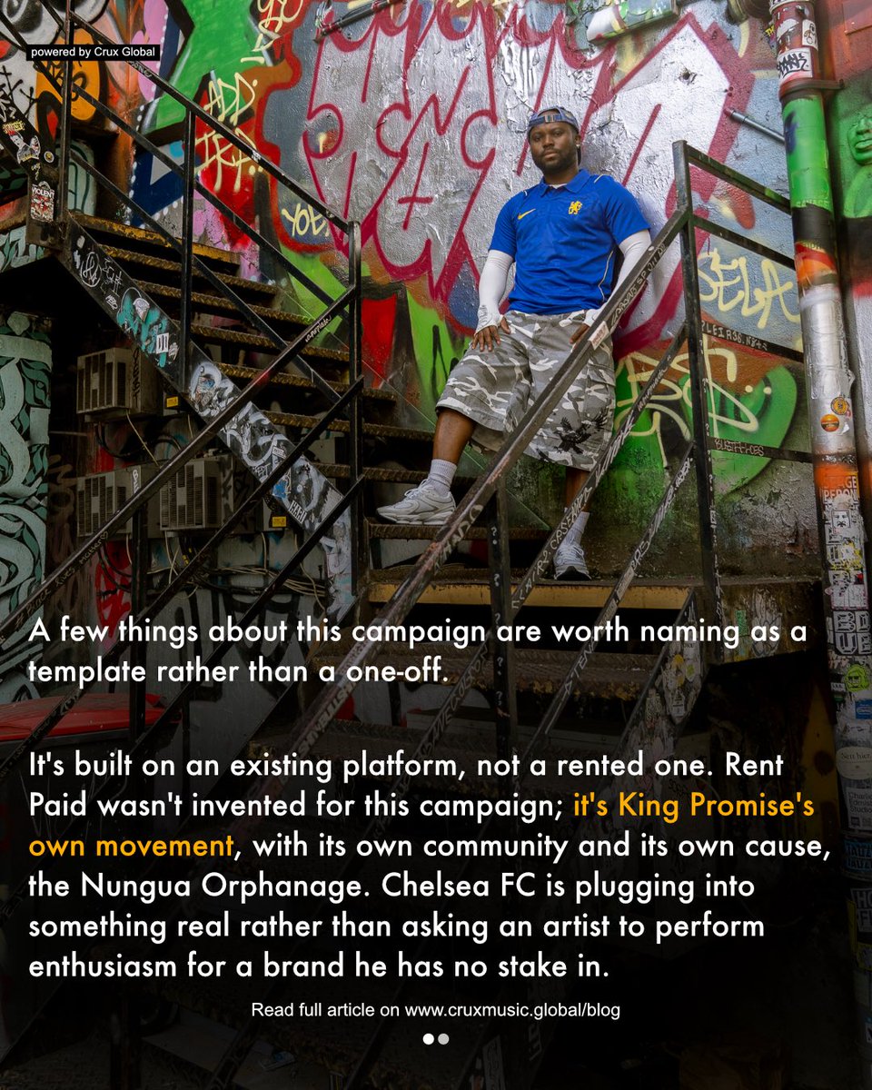 tillyakuanipaa's tweet photo. Chelsea FC Partners King Promise: What the Rent Paid Tournament Says About Africa's Creative Future What this model gets right

A few things about this campaign are worth naming as a template rather than a one-off.

It's built on an existing platform, not a rented one. Rent Paid wasn't invented for this campaign; it's King Promise's own movement, with its own community and its own cause, the Nungua Orphanage. Chelsea FC is plugging into something real rather than asking an artist to perform enthusiasm for a brand he has no stake in.

It uses local infrastructure. The tournament is staged in Accra, at a local venue, with Ghanaian teams, Ghanaian DJs, and Ghanaian media covering it, including the on-the-ground PR and editorial work that goes into a rollout like this one. That's local economic activity, not just a global brand's press release with an African backdrop.

Full article 👉🏾 https://t.co/Lz8YXOp3ZY