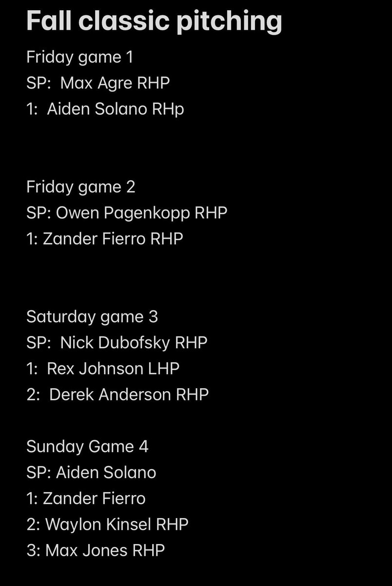 CoachRemy22's tweet photo. Pitching rotation for Junior @AZFallClassic this week. #SlammersRemy2028 @SlammersNorth @Slammersbasball @SlammersAD @PrepBaseball_CO @PG_FourCorners https://t.co/YQYgga900q