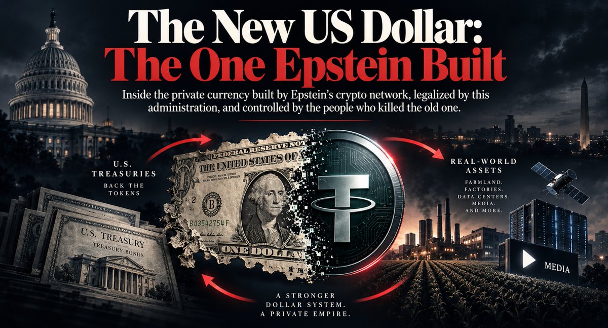 leahfiles's tweet photo. The most insane article I have written to date, Part III of my Currency Killer series is up now. Here is the intro:

I think they are replacing the US dollar with a private one.

Not in some distant future, not as a theory, but right now. Exposed and documented, happening in front of us, and no one is stopping it. 

The United States government banned itself from making a digital dollar. Then it crashed the real one. Then it handed the replacement to a private company connected to $17 billion in organized crime, whose co-founder spent eight years as Jeffrey Epstein’s personal crypto advisor, and whose largest shareholder was convicted of software piracy before becoming the richest man in Italy.

That company is called Tether. It controls $183 billion in digital currency and it is now the 17th largest holder of US government debt on earth. It has never completed a publicly released independent audit. The UN has linked it to $17 billion in organized crime.

Tether is a stablecoin company, but it also owns 210,000 hectares of South American farmland and operates Argentina’s sole fertilizer producer. It holds a majority stake in a brain-computer interface company. It is the lead investor in a humanoid robotics firm. It owns 48 percent of a conservative media platform. Its third-largest shareholder controls a 10 percent stake in the privatized research arm of the UK Ministry of Defence.

Everyone involved is getting rich, except the American people.

Howard Lutnick’s sons’ own a piece of Tether. His firm, Cantor Fitzgerald custodies its reserves. Lutnick’s former minion, Bo Hines, championed the law regulating it from inside the White House and resigned one month after the president signed it, becoming CEO of the company the law was written for. Scott Bessent is blocking a billion dollars in suspicious Epstein banking records while his old fund was paying an intelligence firm controlled by Epstein’s partner. Trump’s family has made over a billion dollars launching their own stablecoin.

This is not deregulation, it’s a heist. And I am going to show you what they are doing.

Full article is up on Substack now (link in bio). Enjoy!