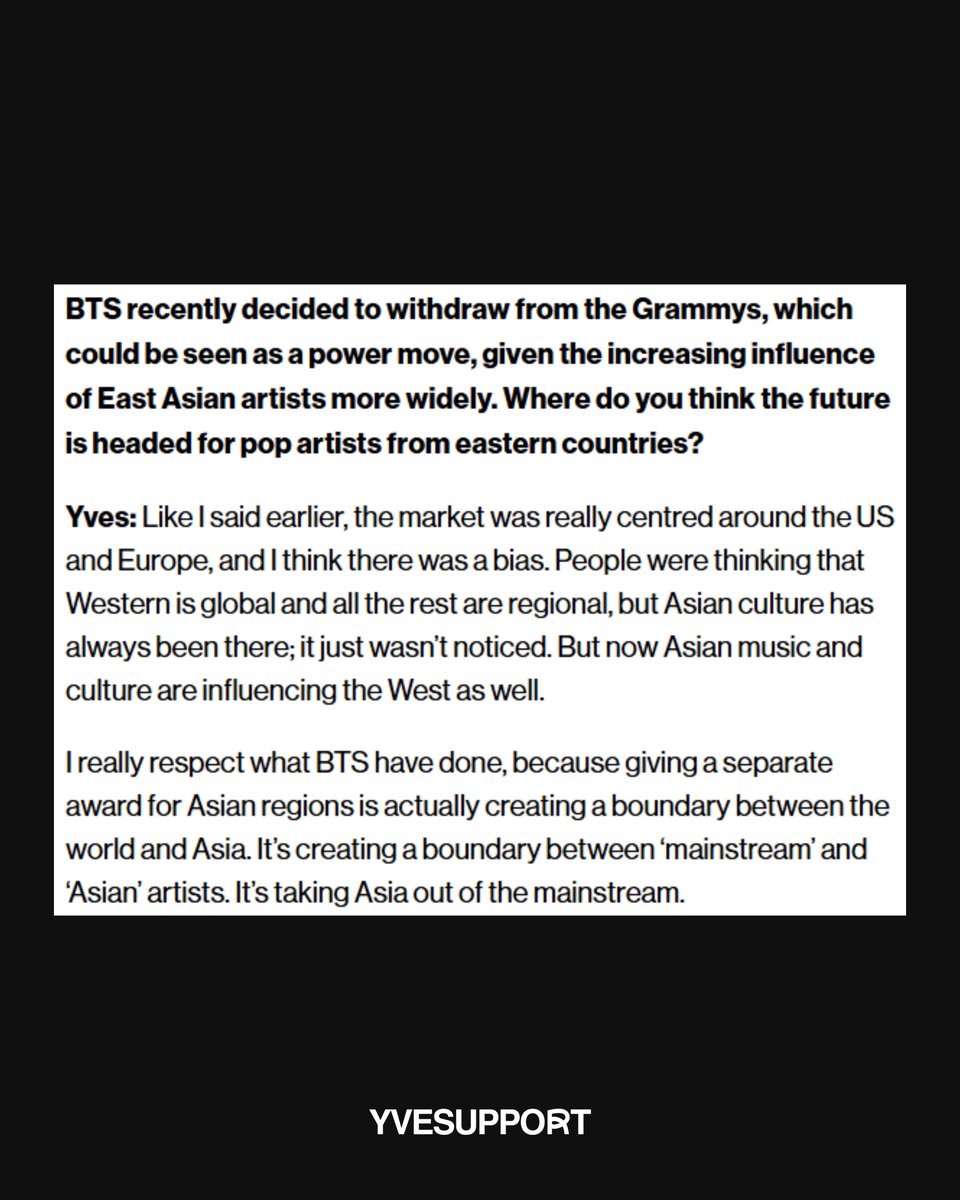 yvesupport's tweet photo. Yves shared her thoughts on BTS withdrawing from the Grammys, saying she respects their stance and believes separate awards for Asian artists risk creating a divide between Asian and mainstream artists
https://t.co/peJSUhvGwC https://t.co/g7KiT7GcHA