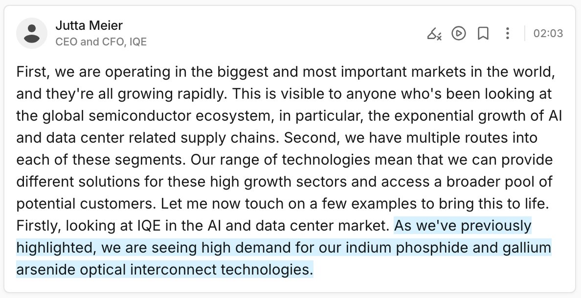 pequityresearch's tweet photo. IQE reiterating what the industry has said about InP:

"As we've previously highlighted, we are seeing high demand for our indium phosphide and gallium arsenide optical interconnect technologies."

"Indium phosphide substrates are becoming some of the bottlenecks around significant volume increases."

$AXTI