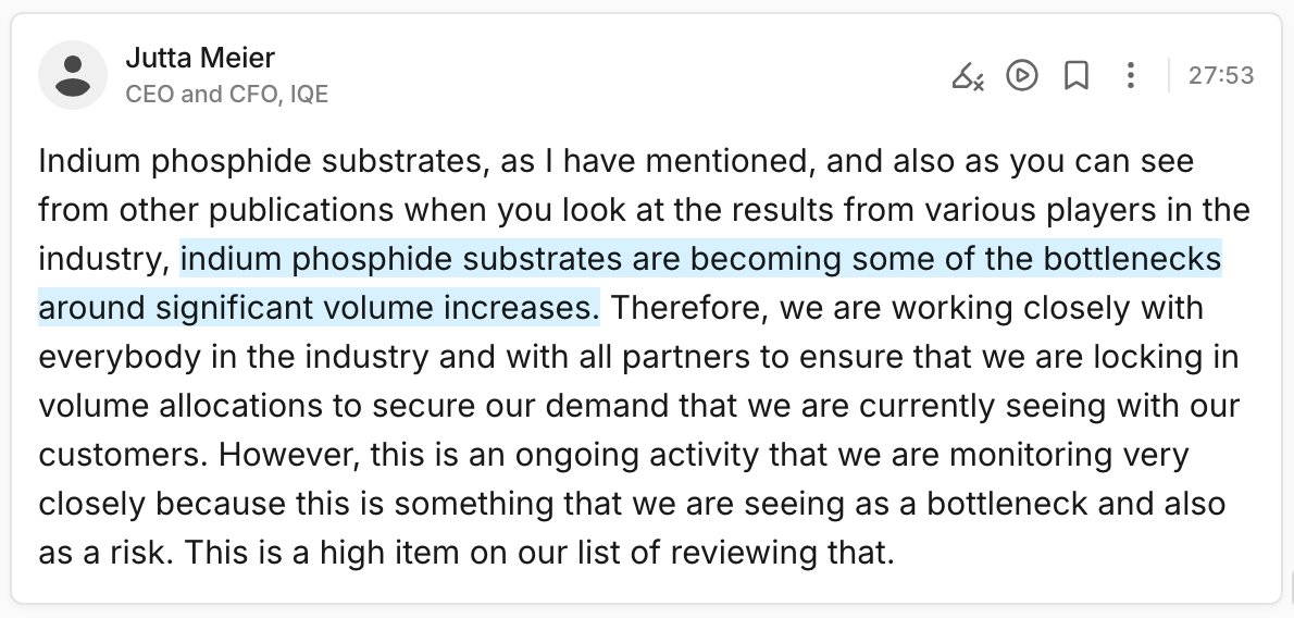 pequityresearch's tweet photo. IQE reiterating what the industry has said about InP:

"As we've previously highlighted, we are seeing high demand for our indium phosphide and gallium arsenide optical interconnect technologies."

"Indium phosphide substrates are becoming some of the bottlenecks around significant volume increases."

$AXTI
