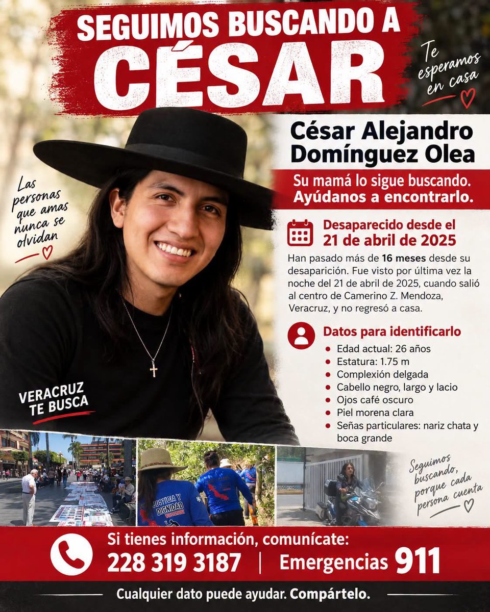 VigiaCiudadano7's tweet photo. César sigue desaparecido y su mamá no ha dejado de buscarlo.

César Alejandro Domínguez Olea desapareció el 21 de abril de 2025 en Camerino Z. Mendoza, Veracruz. Han pasado más de 16 meses y su familia sigue esperando respuestas. 

Hoy necesitamos de todos. Una publicación compartida, una fotografía reconocida, un dato aunque parezca pequeño… puede ser la pieza que haga falta para encontrarlo.

Mira su rostro. Memorízalo. Comparte.
Si sabes algo, por favor comunícate con las autoridades o con los números que aparecen en la ficha de búsqueda.

Su mamá lo sigue esperando en casa.

César, no dejamos de buscarte.

#CesarAlejandroDominguezOlea #DesaparecidosVeracruz #VeracruzTeBusca #AyudanosAEncontrarlo