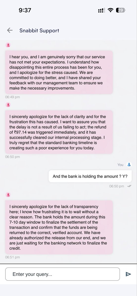 samyaks_26's tweet photo. @SnabbitCares @just_snabbit very poor customer service. Still amount is not credited back to my account. More than 16days have passed. And last customer care executive was extremely rude. Just wasting time over chat. #poorcustomerservice https://t.co/mGtRznyDiV