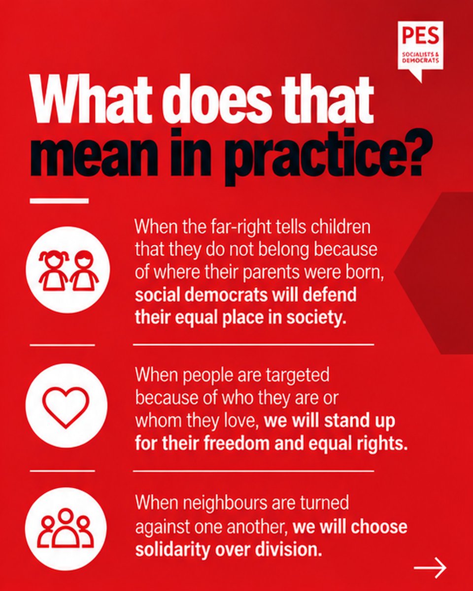 PES_PSE's tweet photo. 🇪🇺 Europe cannot afford to normalise the far-right. 
🗳️The result in Saxony-Anhalt is another warning: across Europe, far-right parties are growing stronger and moving closer to power - or, in some places, are already governing, enabled by conservatives and liberals. 
What does that mean in practice? 
🌍When the far-right tells children that they do not belong because of where their parents were born, social democrats will defend their equal place in society.  
🌈When people are targeted because of who they are or whom they love, we will stand up for their freedom and equal rights.  
🤝When neighbours are turned against one another, we will choose solidarity over division. 
❌The far-right offers scapegoats where people need solutions. Our answer is decent jobs, affordable housing and living costs, strong public services and safe communities.  
🙋‍♀️This is not someone else’s problem. It is about the society we want to live in - and the Europe we want our children to inherit.  
✅We choose hope over fear. Together, we will defend a society in which everyone belongs.