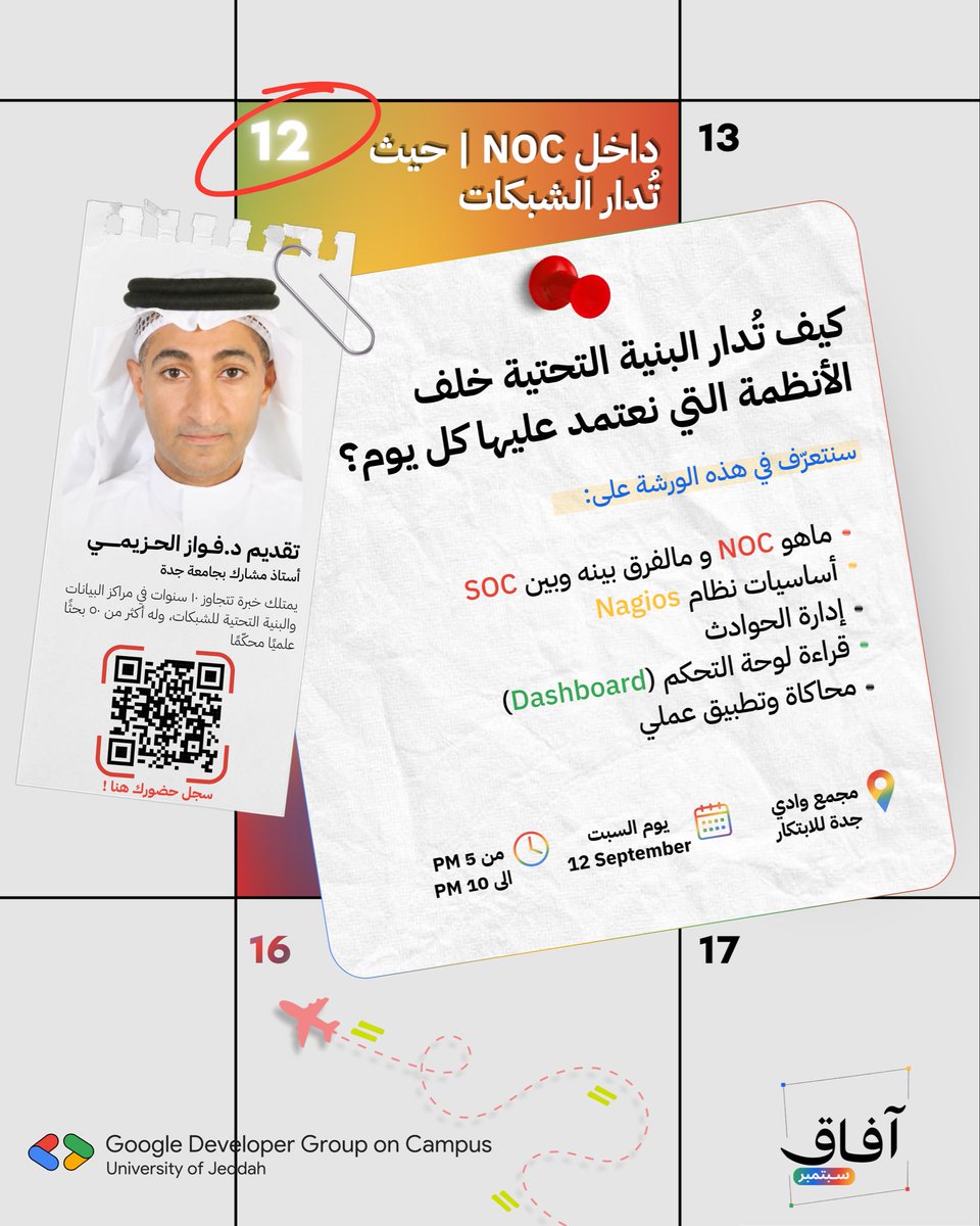 GDGUOJ's tweet photo. في ثاني محطات آفـاق نأخذكم في رحلة استثنائية عبر ورشة NOC | حيث تُدار الشبكات! 🌐✨

تجربة تفاعلية ملهمة نستكشف من خلالها أسرار مُراقبة البنية التحتية، ونفتح بها أبوابًا لآفاقٍ أبعد

انطلق معنا وسجّل الآن: 
https://t.co/pO8XQiJOHy

#آفاق_GDGUJ https://t.co/s9akV3fTAU