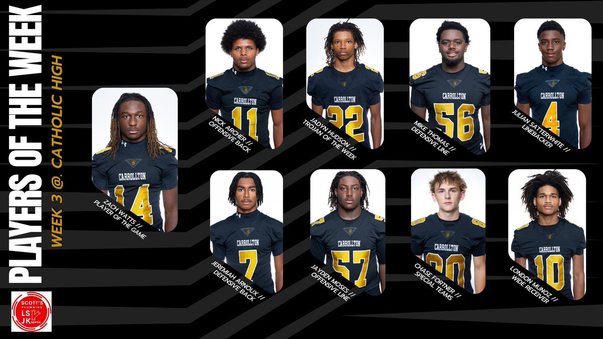 Carrollton_High's tweet photo. WEEK 3 PLAYERS OF THE WEEK 🏆

Big-time performances on the road. Congrats to our Week 3 standouts!

#GoldStandard https://t.co/OZ0glEGZR6