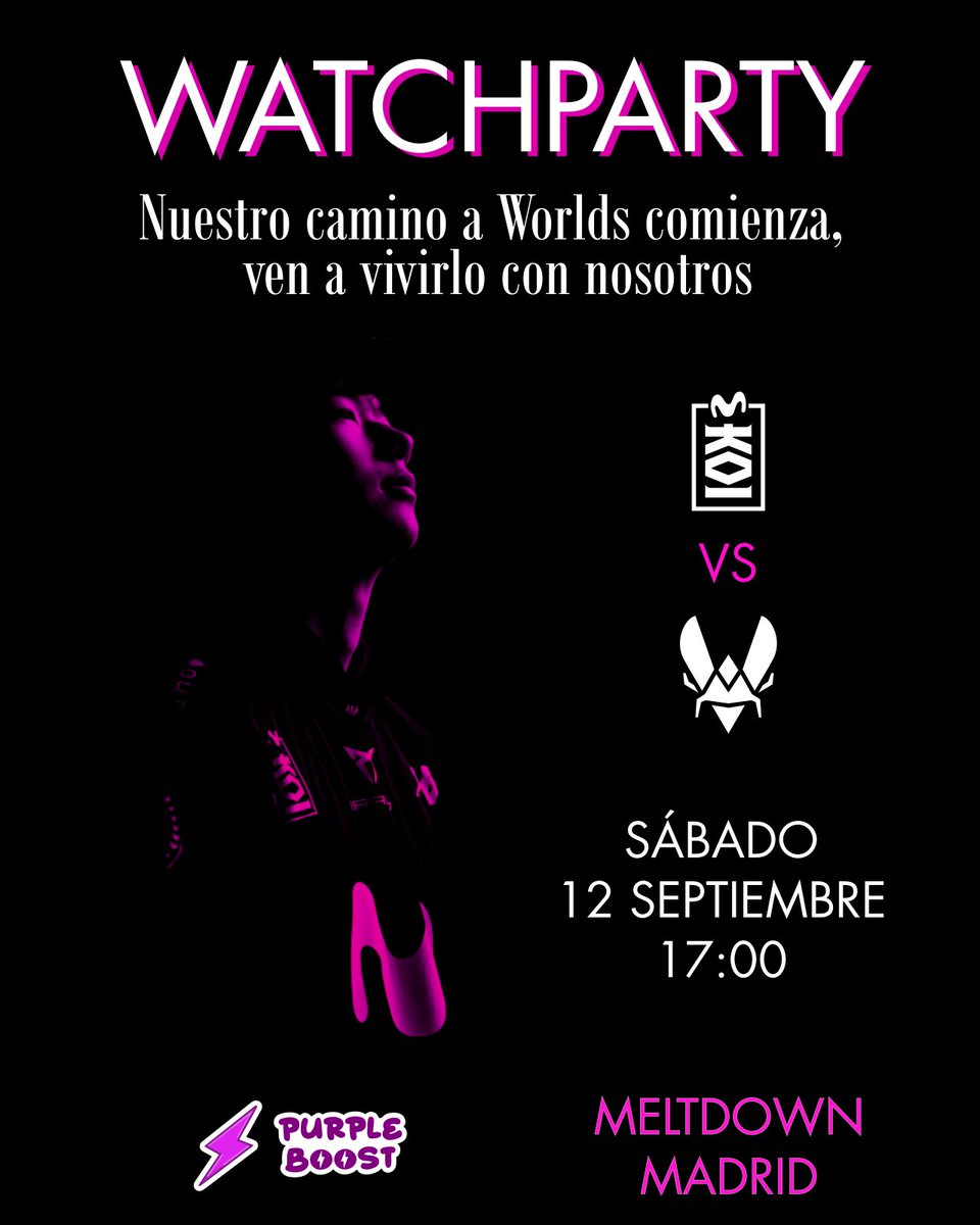 purple_boost_'s tweet photo. 🚨 Watchparty 🚨
👉 Este sábado 12, a las 17:00 nos reuniremos en Madrid para presenciar el MKOI VS Vitality. La primera de las dos series a ganar para llegar a Worlds.
📍 Como siempre, en el @MeltdownMadrid donde podremos jugarnos un Mario Kart entre mapas 😋

Te esperamos 💜 https://t.co/DFzReFcert