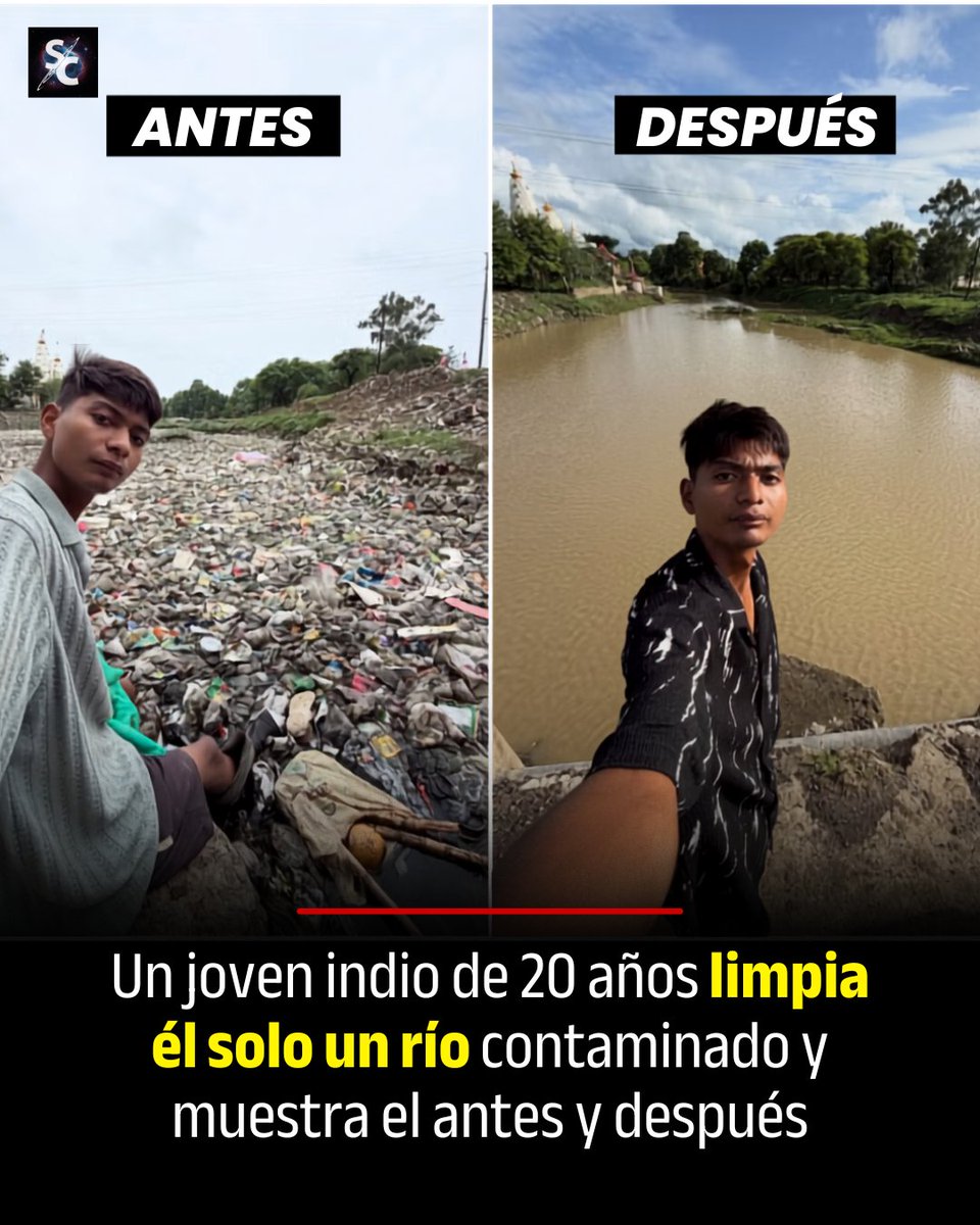 InformaCosmos's tweet photo. 🇮🇳 LO ÚLTIMO: Un joven de India está limpiando él solo un río contaminado y sus fotos de antes y después se volvieron virales.

Se trata de Surendra Singh Choudhary, conocido en redes como Bittu Tabahi, un estudiante de unos 20 años de Biaora, en Madhya Pradesh. El 26 de enero empezó a retirar plástico, algas y basura del río Ajnar con herramientas básicas y dinero propio.

Las imágenes que comparte muestran tramos del río cubiertos de residuos y, semanas después, con el agua mucho más despejada. Según medios locales, un funcionario municipal confirmó que las fotos del antes y después son auténticas.

Su trabajo llamó la atención de figuras como Anand Mahindra, Kevin Pietersen y Boyan Slat, de The Ocean Cleanup. Aunque no ha limpiado toda la cuenca, su caso expuso cómo una sola persona logró impulsar una acción que después empezó a recibir apoyo municipal.
