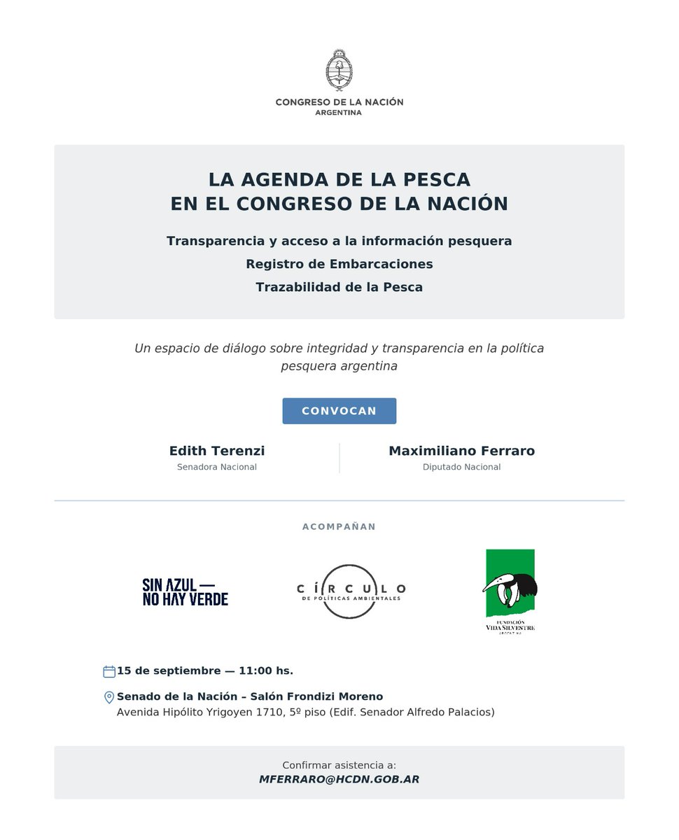 CirculoPA's tweet photo. 🎣 La agenda de la pesca en el Congreso de la Nación

El próximo 15 de septiembre participamos de un espacio de diálogo sobre integridad y transparencia en la política pesquera argentina.

🔎 Transparencia y acceso a la información
🚢 Registro de embarcaciones
🐟 Trazabilidad de la pesca

📍 Senado de la Nación | 11 h

📩 Confirmá tu asistencia: MFERRARO@HCDN.GOB.AR