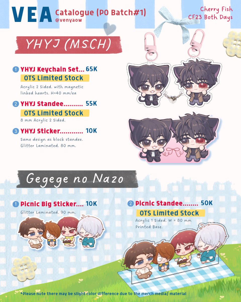 Venyaow's tweet photo. [ 💙&amp;🔁 are appreciated! ]

My #cf23 First Batch PO is here💛
(+Giveaway worth of 100K Merch✨)

📅 7-12 SEPT 13.00 WIB
💌 pick-up + mail

Fandom: TWST/ Twisted Wonderland, Medalist, YHYJ (MSCH), Gegege no Nazo/ Kitaro
#comifuro23 #comifuro23catalog

🔗 and GA Detail on reply! https://t.co/itDZru88GR