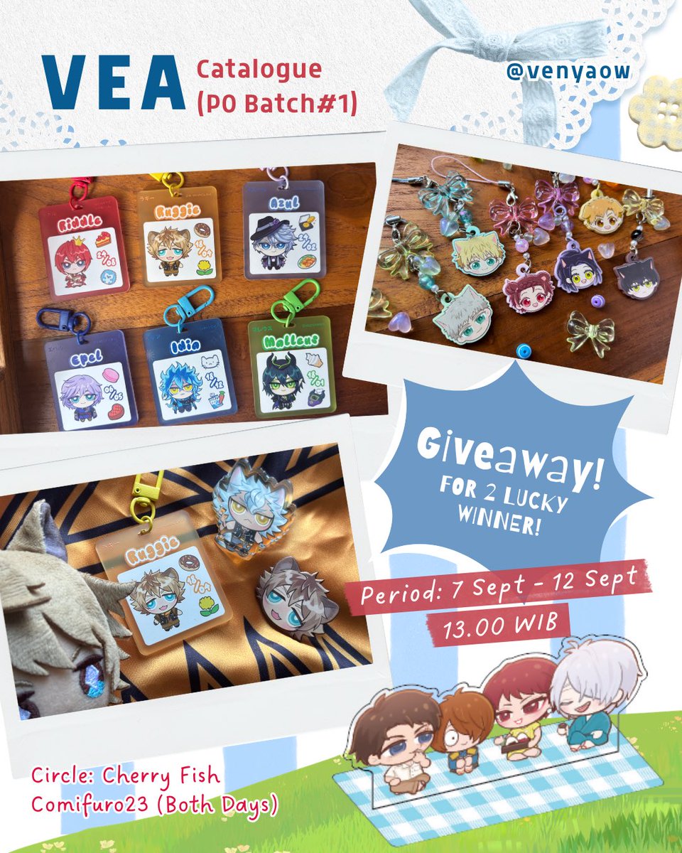 Venyaow's tweet photo. [ 💙&amp;🔁 are appreciated! ]

My #cf23 First Batch PO is here💛
(+Giveaway worth of 100K Merch✨)

📅 7-12 SEPT 13.00 WIB
💌 pick-up + mail

Fandom: TWST/ Twisted Wonderland, Medalist, YHYJ (MSCH), Gegege no Nazo/ Kitaro
#comifuro23 #comifuro23catalog

🔗 and GA Detail on reply! https://t.co/itDZru88GR