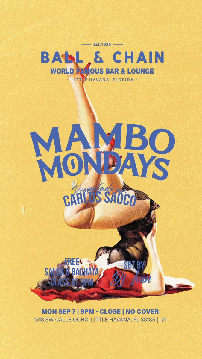 BallAndChainBar's tweet photo. TODAY: #LiveMusic NOW to 6 p.m., #HappyHour 4 to 7, #LiveJazz 6 to 9, then #MamboMondays with DJ Ivan + a FREE #SalsaClass &amp; #BachataClass, 9

TOMORROW: #Bachatuesday includes DJ Vila + a FREE #BachataLesson

#supportlocal https://t.co/z7b3b6aDZZ
🍍💚 https://t.co/mw8HGXSzzK